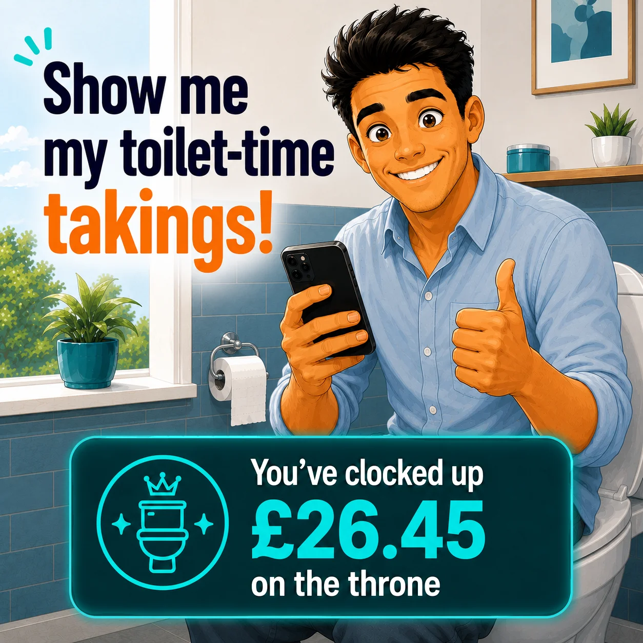 Illustrated character on a toilet break using their phone with a thumbs up, with a Clocked Up notification showing bathroom break earnings
